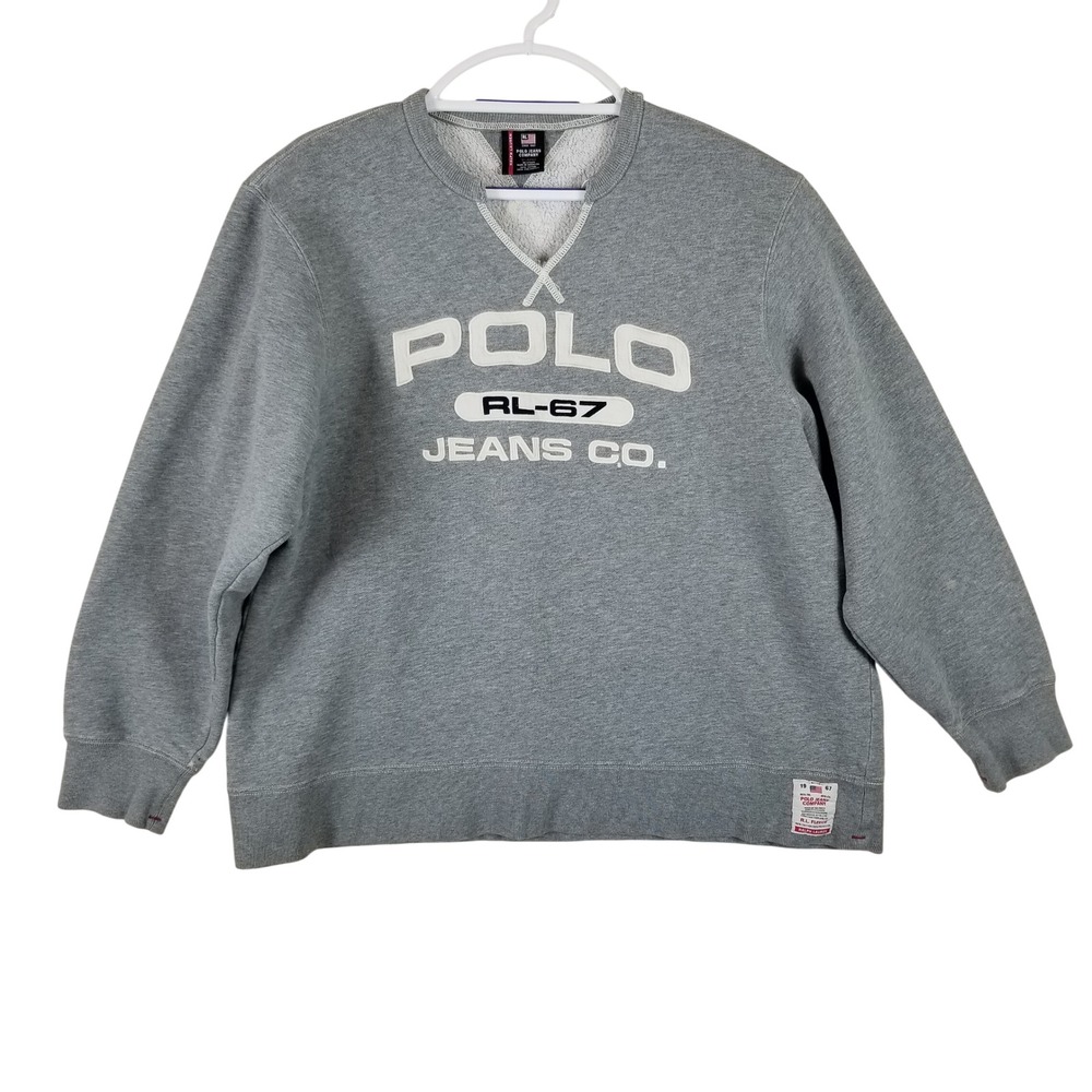 Polo Jeans Co Ralph Lauren Mens XL Gray RL-67 Fleece Sweatshirt Split Crew Neck